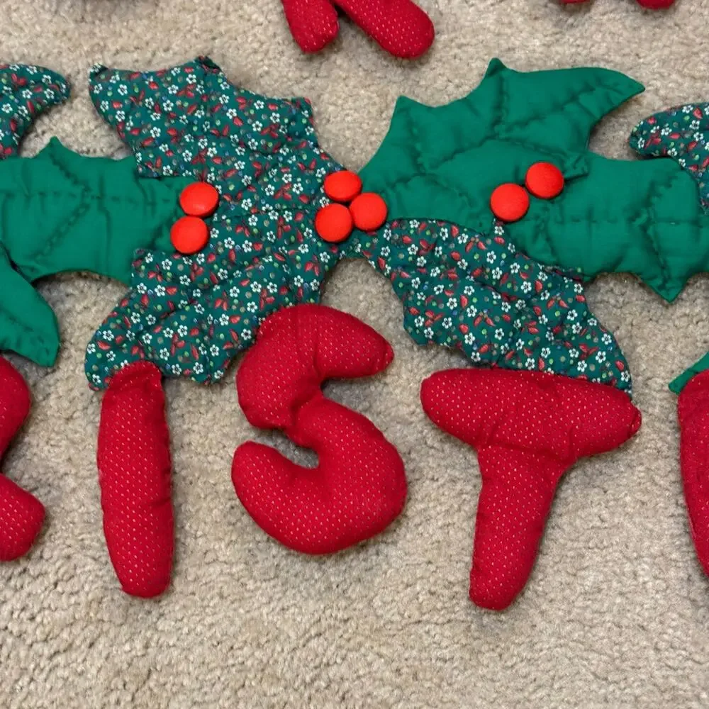 Merry Christmas Stuffed Fabric Garland Holly Ivy Berries 21x37